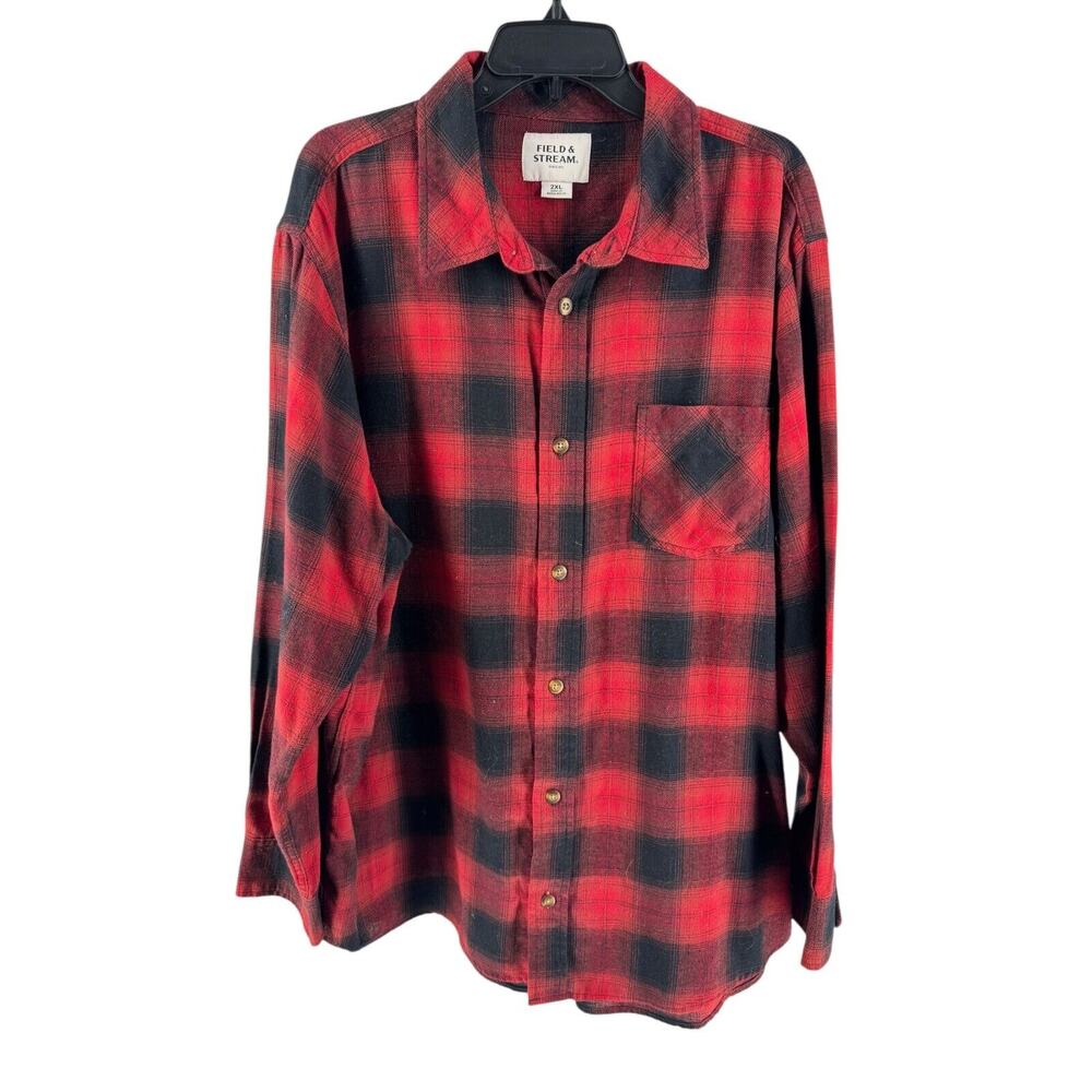 Field & Stream Men's Red‎ Black Plaid Flannel Long Sleeve Button-Up Shirt 2XL